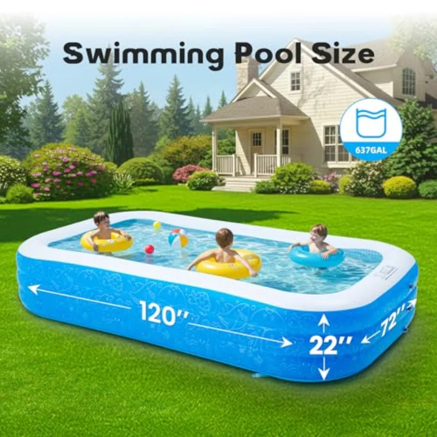 Inflatable Pool 120" x 72" x 22" Rectangular Family Swimming Pool Durable PVC Material Blow-up Pool for Outdoor Summer Fun Easy
