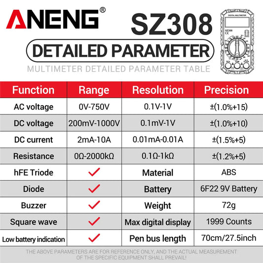 ANENG SZ308 Digital Multimeter AC/DC Current Meter Voltage Resistance Meter Electrician LCD Screen Ohm Square Wave Test