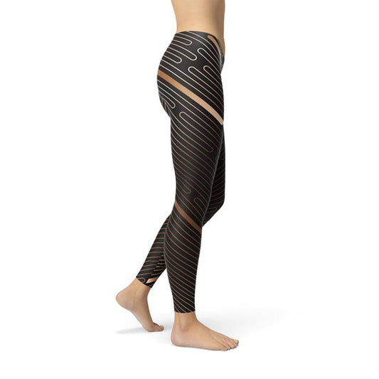 Brown Lined Striped Black Sports Leggings