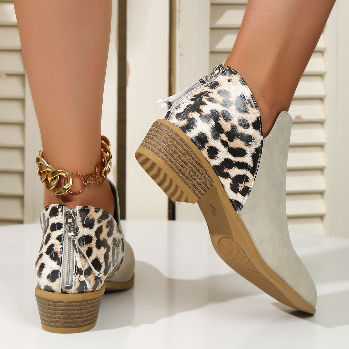 Fashion Leopard Print Boots Women Pointed Toe Chunky Heel Back Zipper