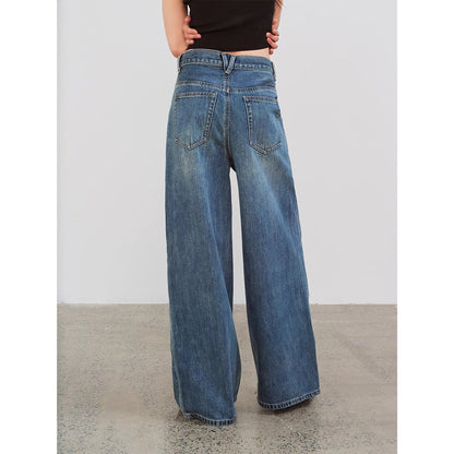 "Silent Deep Sea"Washed Vintage Blue Straight-leg Workwear Jeans for