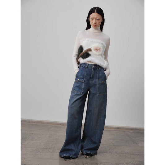 "Silent Deep Sea"Washed Vintage Blue Straight-leg Workwear Jeans for