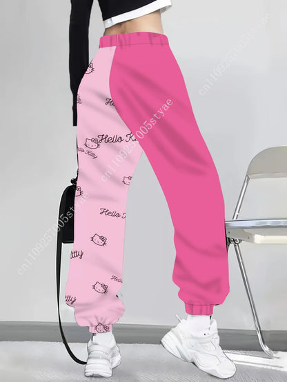Hot Pink Light Pink Split‑Color Hello Kitty Long Pants Cartoon Polka‑Dot Bow Print Trousers for Lady