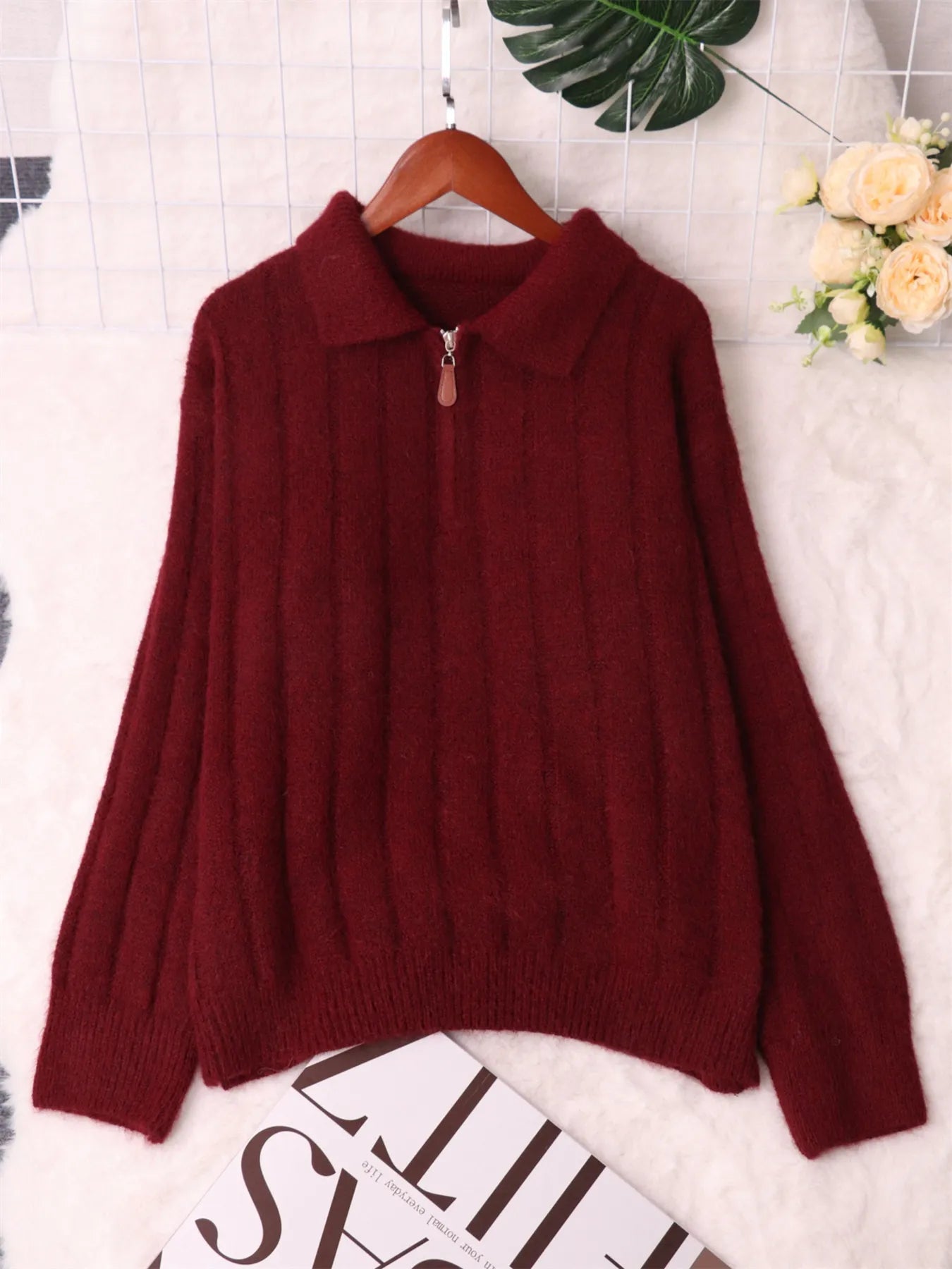 Ribbed Hem Quarter Zip Sweater