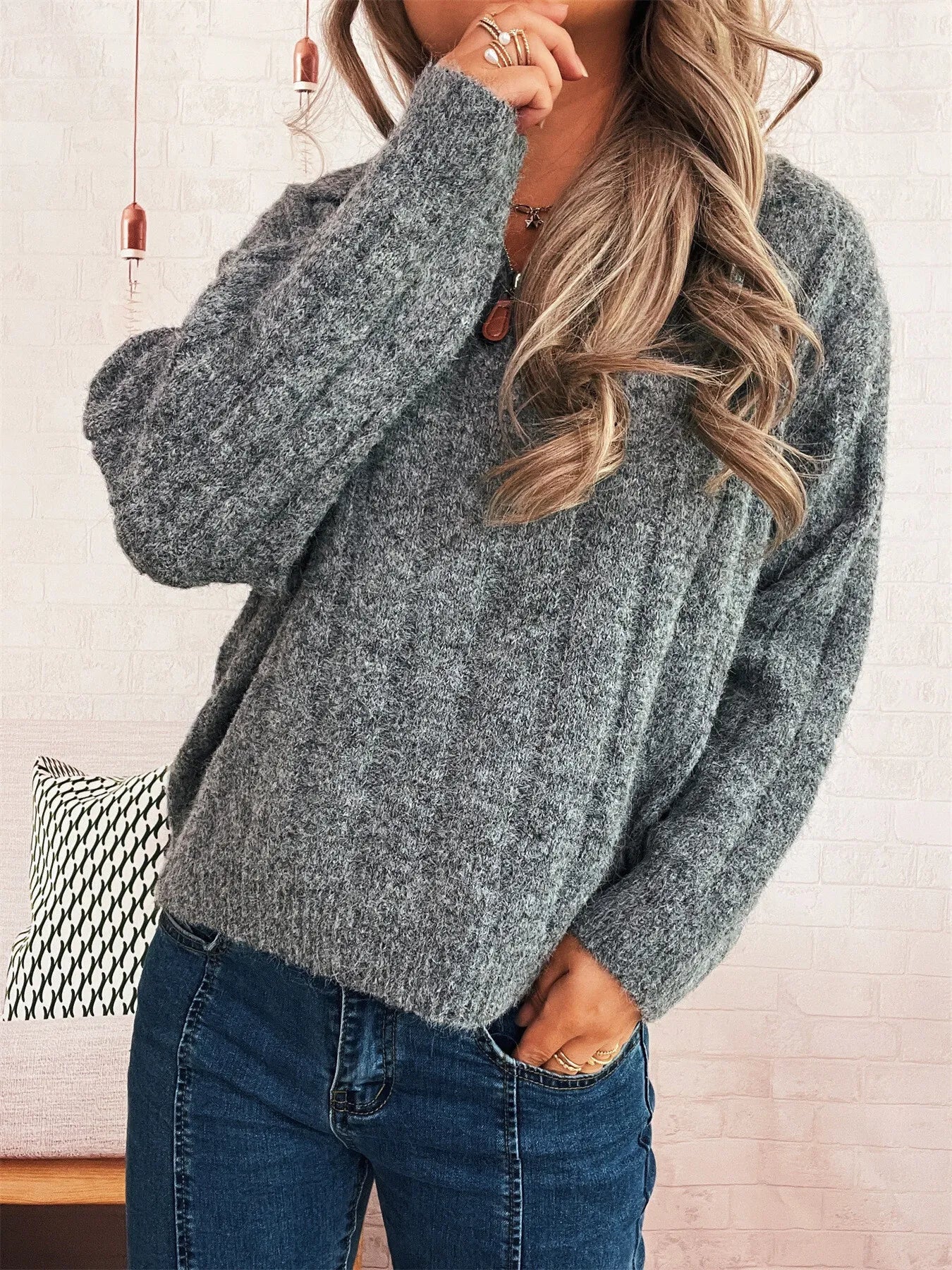 Ribbed Hem Quarter Zip Sweater