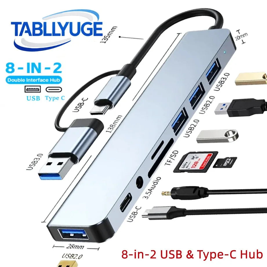 8in1 USB C Hub 4 USB Ports 1 USB-C Jack TF/SD Card Reader 3.5mm Audio Output for MacBook pro iPad pro iPhone 15 Laptop