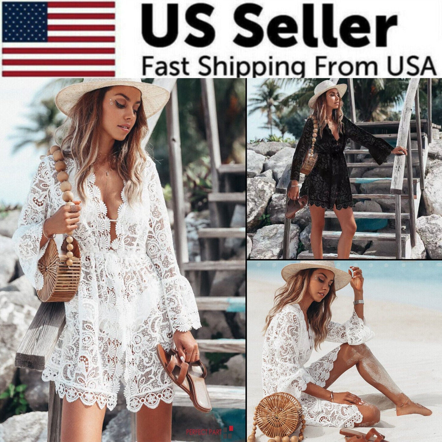 Lace Bathing Suit Cover Up Boho Beach Women Maxi Bikini Sundress Dress