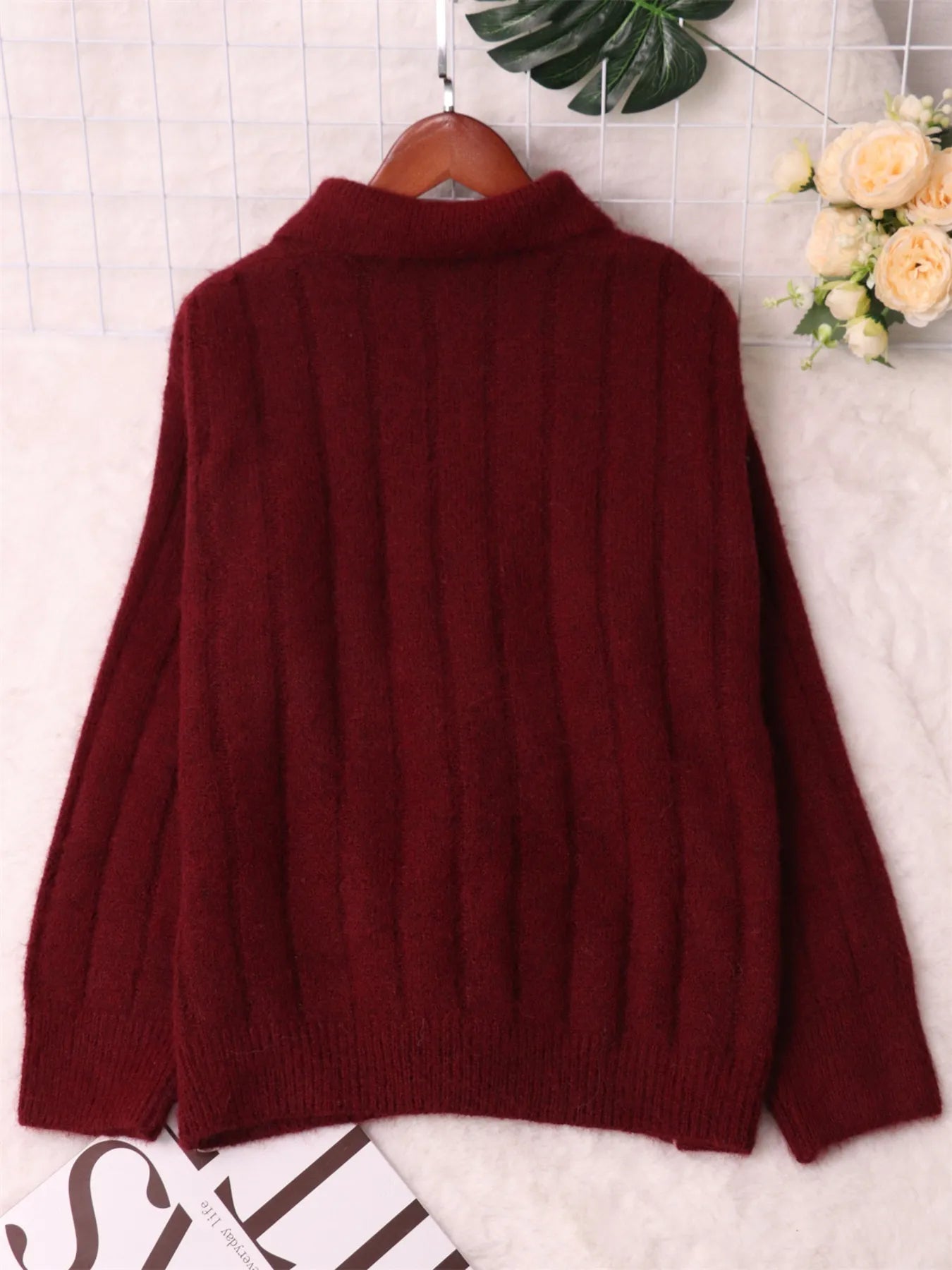 Ribbed Hem Quarter Zip Sweater