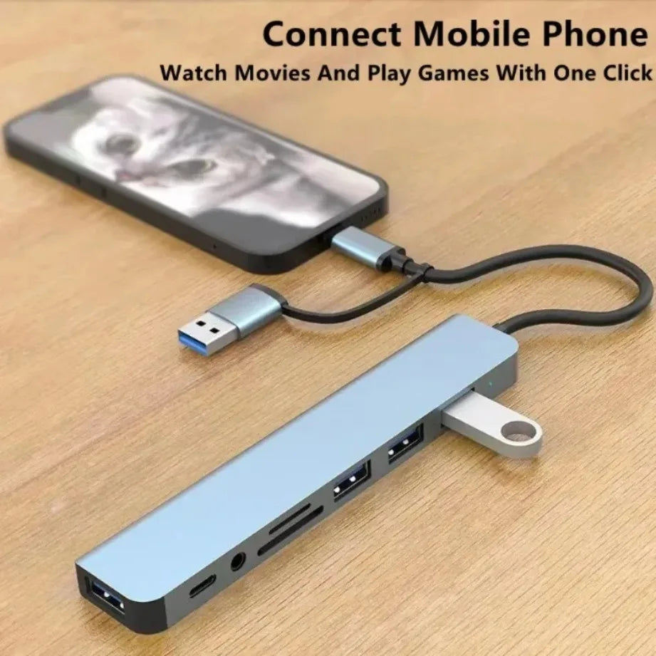 8in1 USB C Hub 4 USB Ports 1 USB-C Jack TF/SD Card Reader 3.5mm Audio Output for MacBook pro iPad pro iPhone 15 Laptop