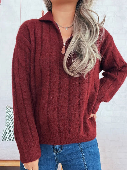 Ribbed Hem Quarter Zip Sweater