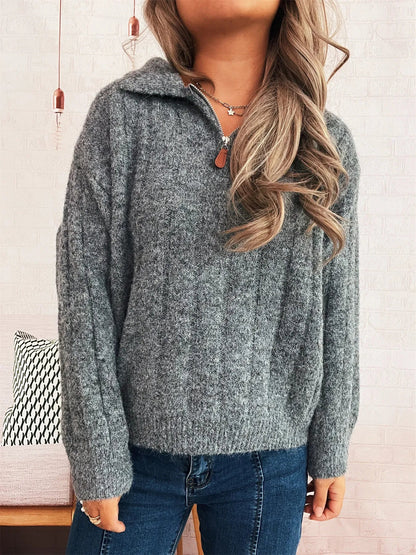 Ribbed Hem Quarter Zip Sweater