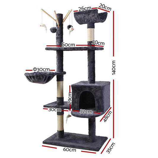 i.Pet Cat Tree 140cm Tower Scratching Post Scratcher Wood Condo House Toys Grey