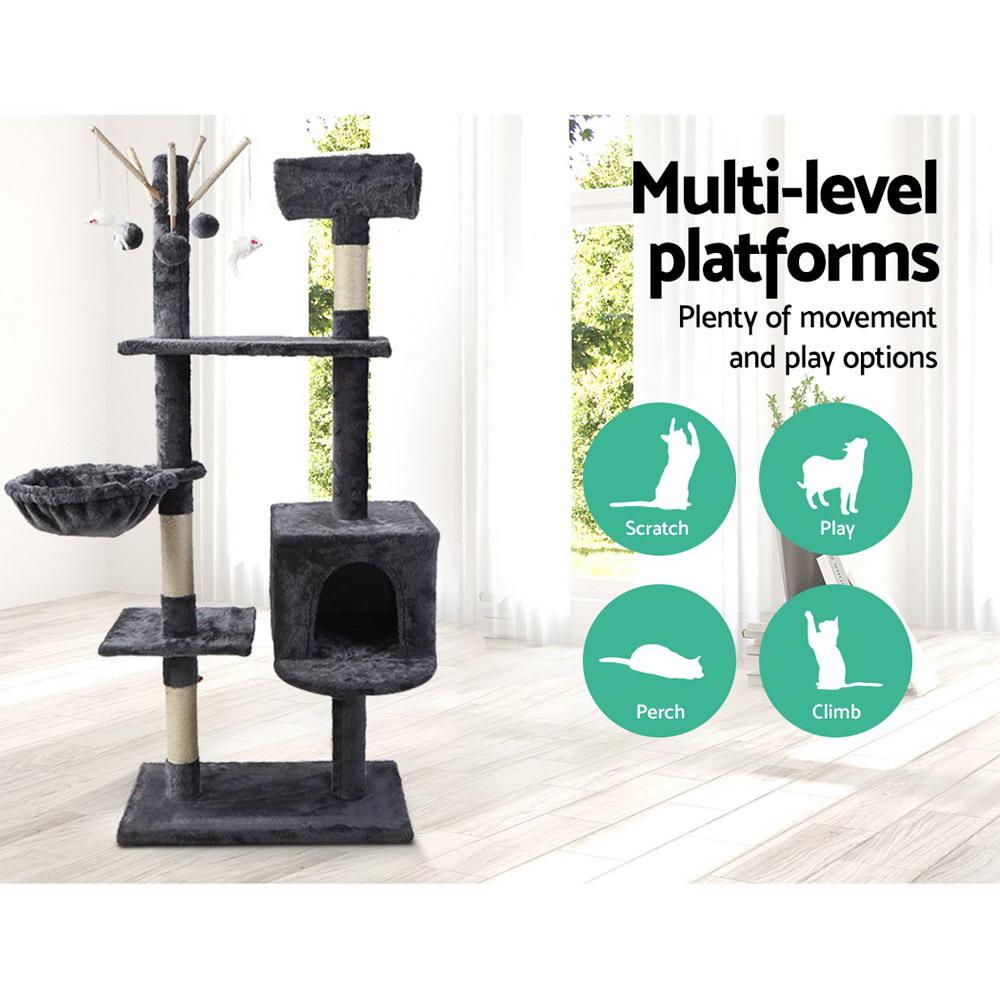 i.Pet Cat Tree 140cm Tower Scratching Post Scratcher Wood Condo House Toys Grey