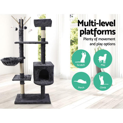 i.Pet Cat Tree 140cm Tower Scratching Post Scratcher Wood Condo House Toys Grey