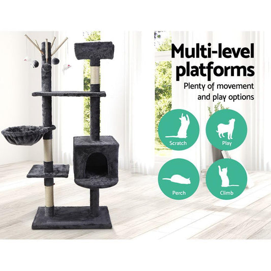i.Pet Cat Tree 140cm Tower Scratching Post Scratcher Wood Condo House Toys Grey