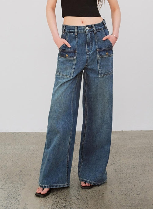 "Silent Deep Sea"Washed Vintage Blue Straight-leg Workwear Jeans for