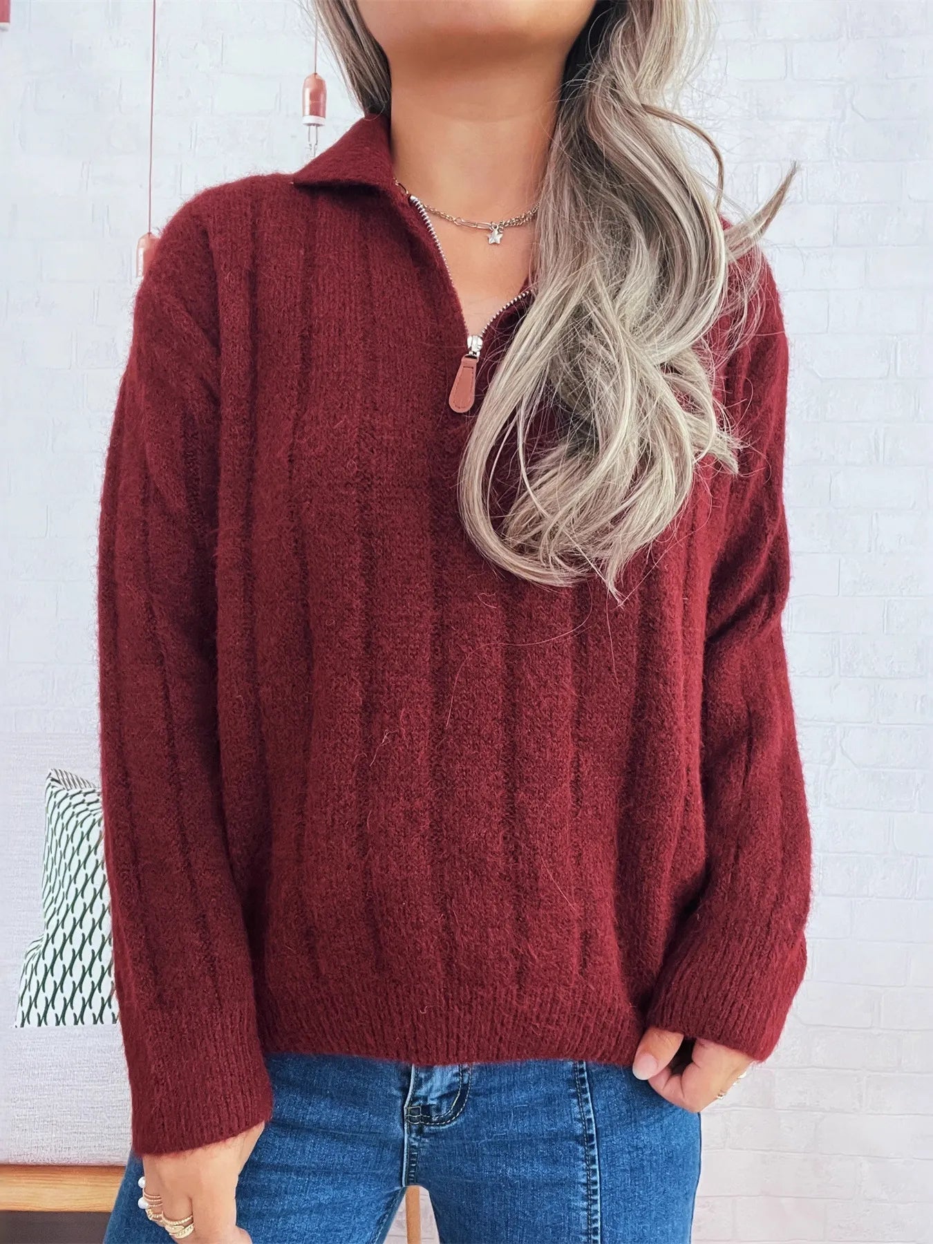 Ribbed Hem Quarter Zip Sweater
