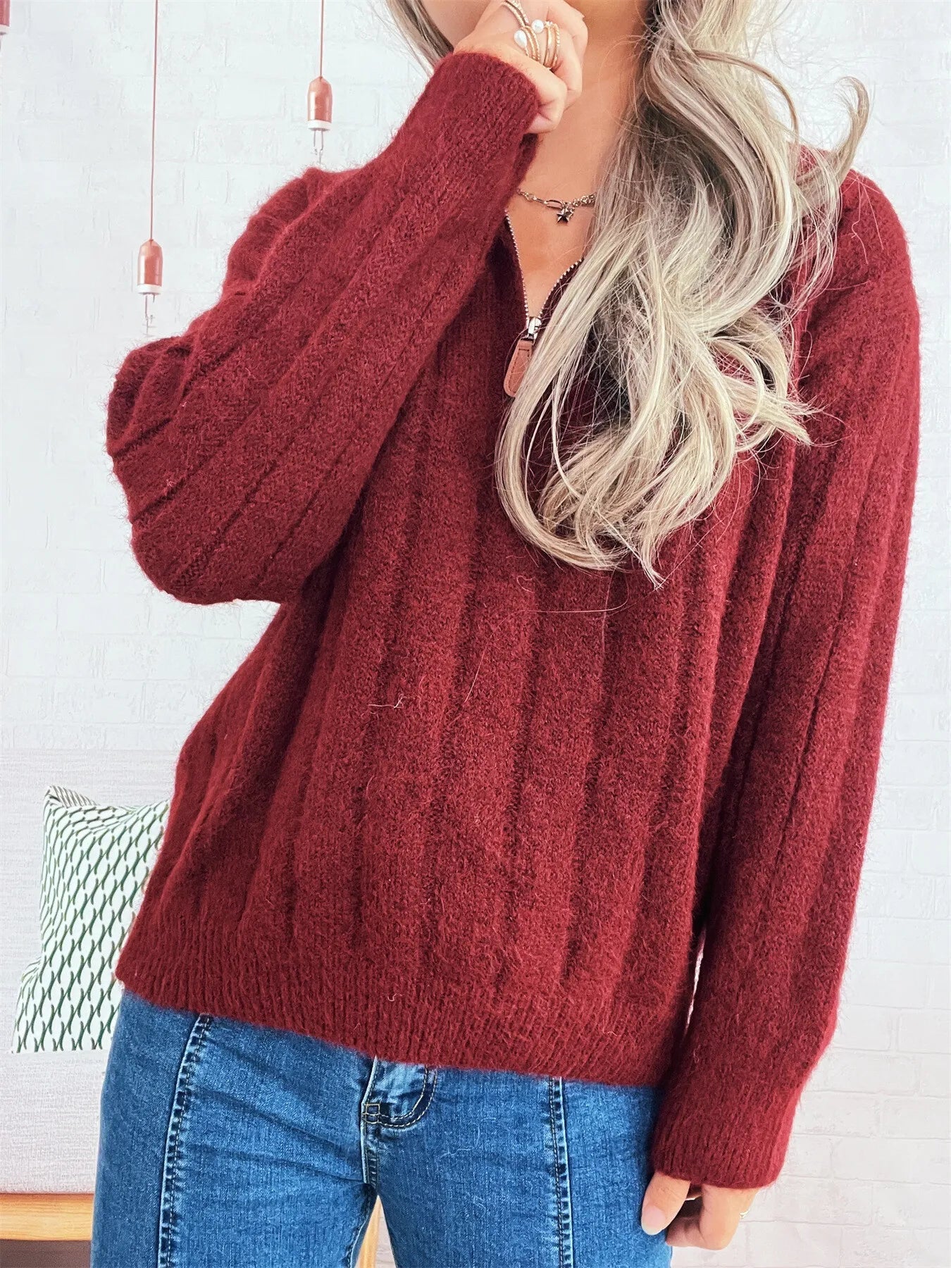 Ribbed Hem Quarter Zip Sweater