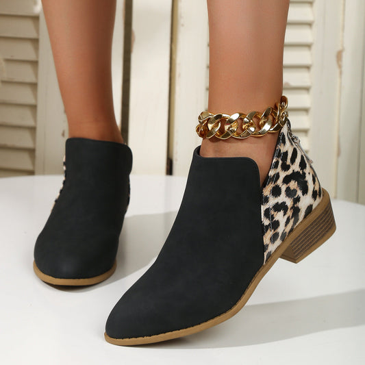 Fashion Leopard Print Boots Women Pointed Toe Chunky Heel Back Zipper
