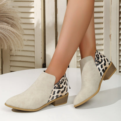 Fashion Leopard Print Boots Women Pointed Toe Chunky Heel Back Zipper