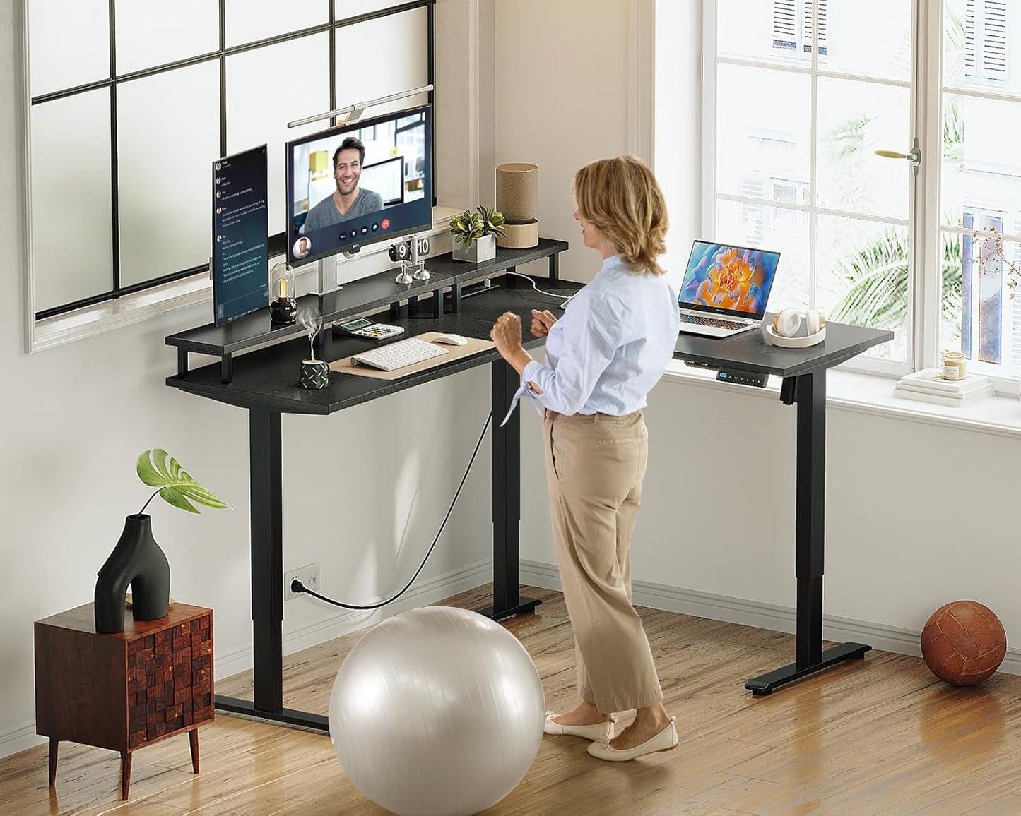 Electric L Shaped Standing Desk with Monitor Stand, 59 Inch Height