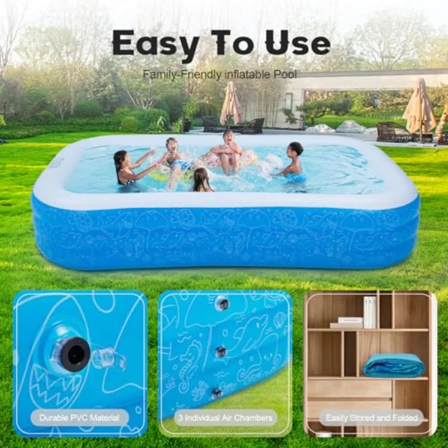 Inflatable Pool 120" x 72" x 22" Rectangular Family Swimming Pool Durable PVC Material Blow-up Pool for Outdoor Summer Fun Easy