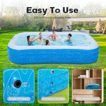 Inflatable Pool 120" x 72" x 22" Rectangular Family Swimming Pool Durable PVC Material Blow-up Pool for Outdoor Summer Fun Easy