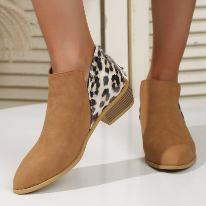 Fashion Leopard Print Boots Women Pointed Toe Chunky Heel Back Zipper