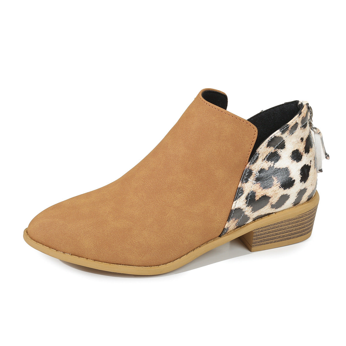 Fashion Leopard Print Boots Women Pointed Toe Chunky Heel Back Zipper