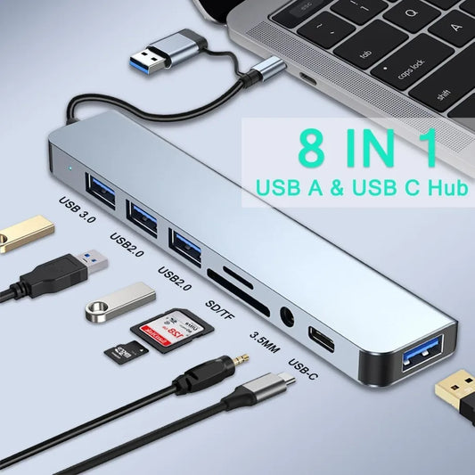 8in1 USB C Hub 4 USB Ports 1 USB-C Jack TF/SD Card Reader 3.5mm Audio Output for MacBook pro iPad pro iPhone 15 Laptop