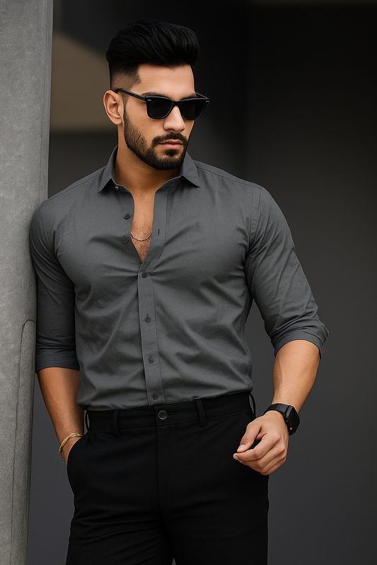 Men Regular Fit Solid Shirt (Size-S, Dark Grey)