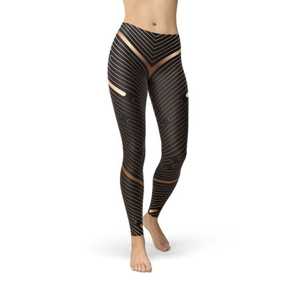 Brown Lined Striped Black Sports Leggings