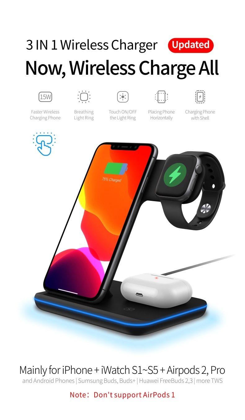 Ninja 15W 3-in-1 Fast Wireless Charging Station for Mobile Phones
