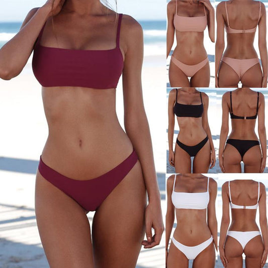 Womens Pure Color Bikini Swimsuit Ladies Sexy Triangle Beach Bathing
